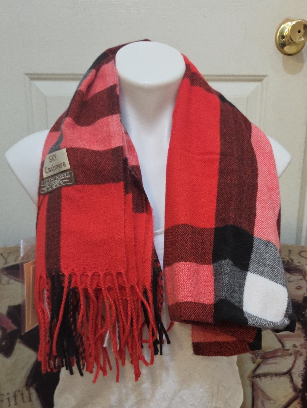 Sky Cashnere Virgin Wool Red and Black Plaid Cashmere Scarf